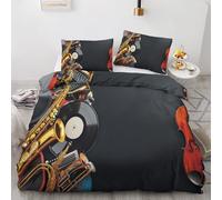 Traulpex Jazz Music Double Bedding Set, Saxophone Duvet Cover Set with Zipper Closure, Vinyl Records Quilt Cover 3 Piece, Soft Microfibre Breathable Duvet Cover with 2 Pillowcases, 200x200cm