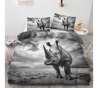 Traulpex Rhino King Duvet Cover Set, Savannah Animal Bedding Set with Zipper Closure, Wildlife Quilt Cover 3 Piece, Soft Microfibre Breathable Duvet Cover with 2 Pillowcases, 220x230cm
