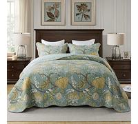 Travan 3-Piece Quilt Set Quilted Bedspread Cotton Coverlet Set Floral Printed Oversized Quilted Bedding Set with Shams for All Season, Green Vine, Queen Size