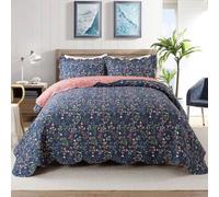 Travan 3-Piece Quilt Set Quilted Bedspread Lightweight Coverlet Set Garden Style Floral Printed Oversized Quilted Bedding Set for All Season, Blue Flower Sea, King Size