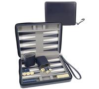 Travel Backgammon Set - Backgammon Board Game with 30 Magnetic Chips, 2 Vinyl Dice Cups, 4 Dice & Navy Blue Leatherette Travel Case, WE Games
