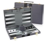 Travel Backgammon Set, Wooden Backgammon Set Luxury with Premium Leather Case, Portable Classic Strategy Back Gammon Board Game with Playing Pieces & Dice Cups for Adults and Children (Grey(11 Inch))