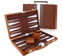 Travel Backgammon Set, Wooden Backgammon Set Luxury with Premium Leather Case, Portable Classic Strategy Back Gammon Board Game with Playing Pieces & Dice Cups for Adults and Children (Brown(15 Inch))
