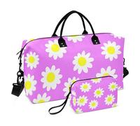 Travel Bag Duffel & Makeup Pouches Set of 2, Pastel Womens Weekender Carry on Bags Daisy Flowers Purple Lavender Sports Gym Tote