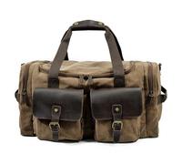 Travel Bag Mens Canvas Leather Travel Bags Carry On Luggage Handbags Big Traveling Duffel Bags Tote Large Weekend Bag Overnight for Weekender Overnight Sports Gym(Dark Khaki)
