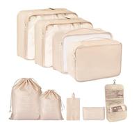 Travel Bag Organiser Set, Luggage Suitcase Storage Bags Packing Travel Cubes for toiletries, Shoes, Clothing, Underwear, Lightweight Compact Organizers (Beige - 9PCs Packing Organiser Bags)