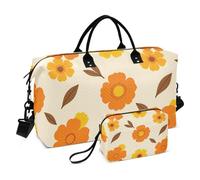 Travel Bag Set 2 Piecing Full Print Multi Pockets Sturdy Short Journey Autumn Orange Floral