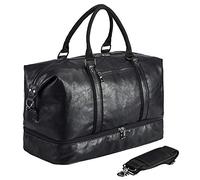 Travel Bag with Shoe Pouch,Weekender Overnight Bag Waterproof PU Leather Large Carry On Bag Travel Tote Duffel Bag for Men or Women,Black