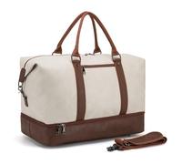 Travel Bag with Shoe Pouch,Weekender Overnight Bag Waterproof PU Leather Large Carry On Bag Travel Tote Duffel Bag for Men or Women,Beige
