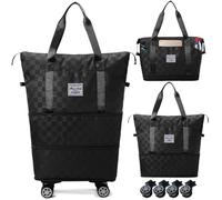 Travel Bag with Wheels,Expandable 55L Duffel Bags for Women,Foldable Rolling Duffle Bag with Wheels,Carry on Luggage,Gift for Men Women Suitcases (Black)