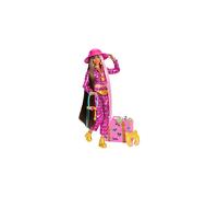 Travel Barbie Doll with Safari Fashion, Barbie Extra Fly, Animal Print Outfit and Pink Suitcase, HPT48, Gold,pink,silver