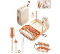 Travel Bottle Cleaner kit, 7in1 Baby Travel Essential Silicone Bottle Brush Set, Nipple, Drying Rack, Straw, & Breast Pump Cleaning, Soap Dispenser & Organizer Case, Gift for Mom (White)