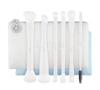Travel Brush Set | Makeup Brush Set 7 Pieces with 6 Duo Brushes & Vegan Leather Case | Vegan Cosmetic Brush for Face & Eyes | Duo Voyage - Blue Horizon | White & Blue | Luvia