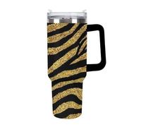 Travel Car Ice Cup Unisex Large Stainless Steel Vacuum Cup with Straw for Home Office Gold Glitter Animal Skin Tiger Stripes Print