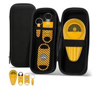 Travel Cigar Humidor, Multifunctional Portable Cigar Box with Straight Cutter, V-Cutter, Hole Punch and Ceramic Ashtray, 4 in 1 Cigar Cutter Set with Bag for Patio, Outdoor (Yellow)