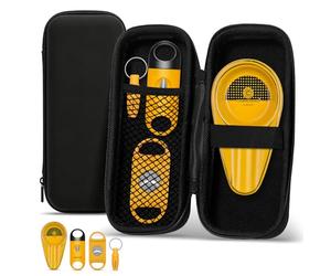 Travel Cigar Humidor, Multifunctional Portable Cigar Box with Straight Cutter, V-Cutter, Hole Punch and Ceramic Ashtray, 4 in 1 Cigar Cutter Set with Bag for Patio, Outdoor (Yellow)