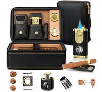 Travel Cigar Humidor Set, 2-Layer Design & CedarWood Lined, with Cigar Lighter Built-in V Cutter&Holder, Cigar Cutter, Draw Enhancer, Hygrometer, Humidifier, Portable Leather Cigar Case, Gifts for Men