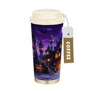 Travel Coffee Cups For Women With Lids Stainless Steel Coffee Mug Thermal Hot And Cold Coffee Cups 480ml Spill Proof Halloween Terrible Castle Ruins Scene