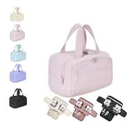 Travel Cosmetic Bag,Puffy Cosmetic Makeup Bag Organizer with Handle for Accessories,Essentials, Large Capacity Wide-Open Travel Cosmetic Bag with 4 Compartments, Lightweight Waterproof (Light Pink)
