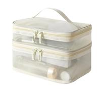 Travel Cosmetic Bag Travel 2 Layers Cosmetic Organizer Bag Transparent Folding Mesh Zipper Storage Pouch Large Capacity Makeup Wash Kit Bag for Travelling(Beige)