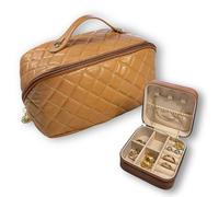 Travel Cosmetic Bag with Jewelry Organizer, PU Leather Waterproof Makeup Bag, Multi-Functional Travel Toiletry Bag for Women, Compact Portable Storage Pouch for Jewelry., Brown, Lightweight and