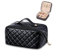 Travel Cosmetic Bag with Jewelry Organizer, PU Leather Waterproof Makeup Bag, Multi-Functional Travel Toiletry Bag for Women, Compact Portable Storage Pouch for Jewelry., Black, Lightweight and