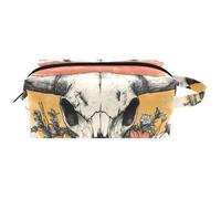 Travel Cosmetic Bags Brush Pouch with Handle, Vintage Western Skull Flower Bones Water-Resistant Toiletry Bag Accessories Organizer for Women Girls
