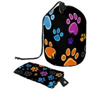 Travel Cosmetic Bags Bucket Makeup Bag, Colorful Paw Prints Women Portable Foldable Cases, Multifunctional Toiletry Bucket Bags Round Organizer Storage
