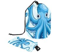 Travel Cosmetic Bags Bucket Makeup Bag, Fun Blue Octopus Print Women Portable Foldable Cases, Multifunctional Toiletry Bucket Bags Round Organizer Storage