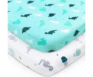 Travel Cot Fitted Sheets, 2 Pack Ultra Soft Crib Sheets Compatible With Graco, Red Kite Travel Cot - Soft and Breathable, Aqua Dinosaurs & Oceans