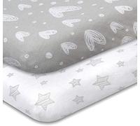 Travel Cot Sheets 95x65cm Fitted 2 Pack - 100% Jersey Knit Cotton, Grey | Ultra soft & breathable for a cosy night's sleep. Fits Red Kite & Graco travel cots. Grey print. Gentle & comfy for babies.