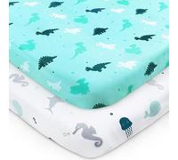 Travel Cot Sheets 95x65cm Fitted 2 Pack-Breathable, Aqua Dinos & Oceans | Made of soft breathable microfiber. Fits Graco & Red Kite travel cots. Snug fit. Durable & easy care.