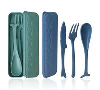 Travel Cutlery Set with Case, Portable Camping Cutlery Set for 2, Cute Ocean Themed Plastic Cutlery Reusable Knife Spoon and Fork Set for Lunch Box School Office Camping Picnic (Blue, Green)