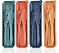 Travel Cutlery Set with Case, Portable Plastic Cutlery Set Reusable Knife Fork Spoon Chopsticks Camping Utensils Set (4 Sets)