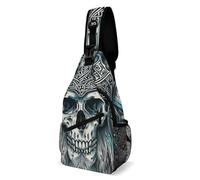 Travel Daypack Sling Bag, Casual Crossbody Chest Shoulder Pack, Perfect for Shopping, Trips and Everyday Carry, Viking Skull with Horns And Helmet