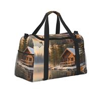 Travel Duffel Bag Cabin Size Weekender Holdall - Gym, Fitness, Sports or Overnight Bag for Men & Women, Winter Scene at A Lakeside Cabin