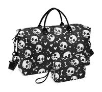 Travel Duffel Bag Cute Skulls Bones Hearts Black White Travel Weekender Gear Bag Gym Bag with Adjustable Strap for Airplane Traveling 2 Pcs Set, cute skulls bones hearts black white, Set Of 2, Art