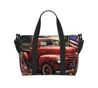 Travel Duffel Bag for Women Men Weekender Bags Sports Gym Bag 4th Of July Patriotic Old Red Truck Travel Bag Carry on Overnight Bag Waterproof Luggage Bag with Shoulder Strap, Black, One Size