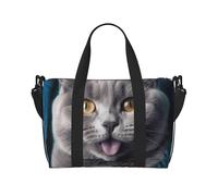 Travel Duffel Bag for Women Men Weekender Bags Sports Gym Bag Blue cat sticking out tongue Travel Bag Carry on Overnight Bag Waterproof Luggage Bag with Shoulder Strap, Black, One Size