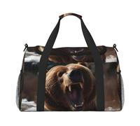 Travel Duffel Bag Lightweight Waterproof Carry On Tote Bag Foldable Weekender Overnight Bags Roaring Bear Sport Gym Bag For Women Men, Black, One Size