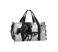 Travel Duffel Bag Weekend Overnight Hand Luggage Bag with Shoe Compartment | Black And White Horses Running Printed Gym Bag Foldable Carry-On Travel Bag For Women Men Fitness Yoga