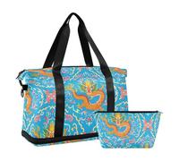 Travel duffel bag Weekender Overnight Large gym bag with Adjutable trap for Airplane Traveling Multifunctional, Chinese culture dragon pattern blue