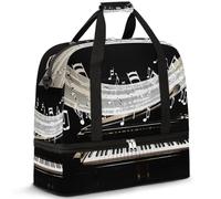 Travel Duffel Bag with Shoes Compartment & Trolley Sleeve Art Music Notes Piano Key Sports Gym Bag Foldable Weekend Bags for Women Men