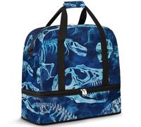 Travel Duffel Bag with Shoes Compartment & Trolley Sleeve Blue Dinosaur Bones Sports Gym Bag Foldable Weekend Bags for Women Men