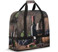 Travel Duffel Bag with Shoes Compartment & Trolley Sleeve Grapes Red Wine Glass Sports Gym Bag Foldable Weekend Bags for Women Men