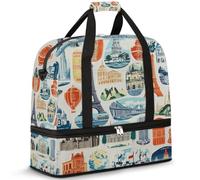 Travel Duffel Bag with Shoes Compartment & Trolley Sleeve Landscape Architecture Graphics Sports Gym Bag Foldable Weekend Bags for Women Men
