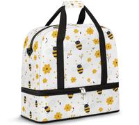 Travel Duffel Bag with Shoes Compartment & Trolley Sleeve Little Yellow Flower Bee Sports Gym Bag Foldable Weekend Bags for Women Men