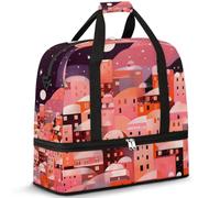 Travel Duffel Bag with Shoes Compartment & Trolley Sleeve Pink Geometric Architecture Sports Gym Bag Foldable Weekend Bags for Women Men
