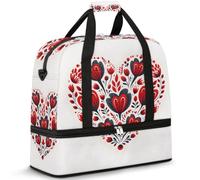 Travel Duffel Bag with Shoes Compartment & Trolley Sleeve Red Flower Love Heart Sports Gym Bag Foldable Weekend Bags for Women Men