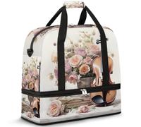 Travel Duffel Bag with Shoes Compartment & Trolley Sleeve Watercolor Bouquet Violin Sports Gym Bag Foldable Weekend Bags for Women Men
